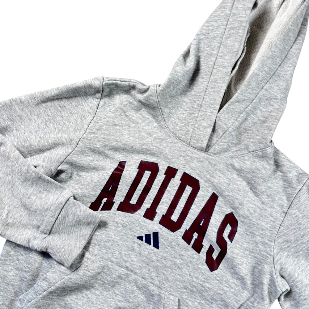 Adidas Hoodie Kids XS Gray Maroon Collegiate‎ Logo Fleece Pullover Streetwear